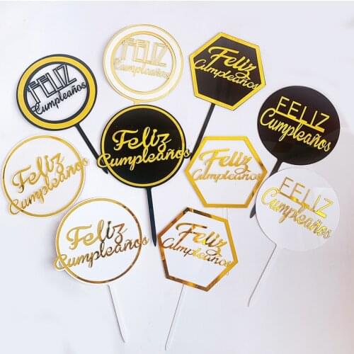 New Feliz Cumpleanos Cake Topper Gold Acrylic Spanish Happy Birthday Cake Topper For Espanol Birthday Party Cake Decorations