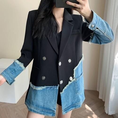 2021 Spring New Women Long Sleeve Denim Stitching Blazer Fashion Trend Ladies Suit Korean Style Contrast Color Design Jacket