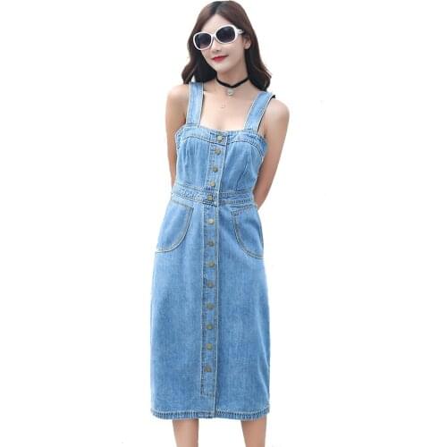 New Preppy Style Women Casual Spaghetti Strap Denim Dresses Pockets Elegant Cowboy Fashion Women Feminino Lady Slim Dress Jeans