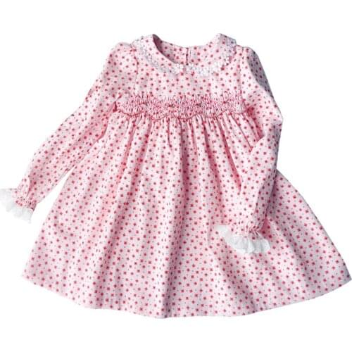 New Spring Autumn Kids Corduroy Printed Peter Pan Collar Handmade Smocking Belt Lace Girls 3-7yrs Full-sleeved Cotton Dresses