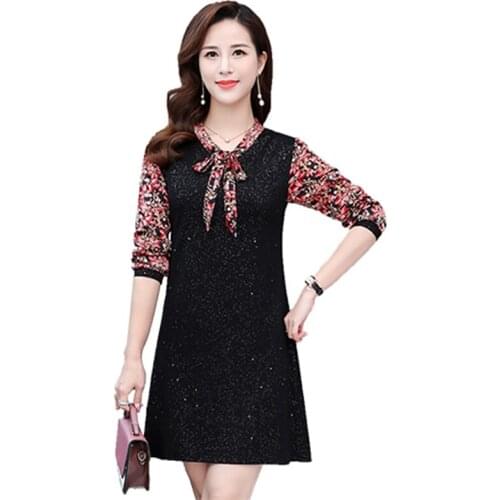 Plus size 5XL dress womens spring summer womens chiffon dress womens floral stitching dress womens long-sleeved ribbon dress