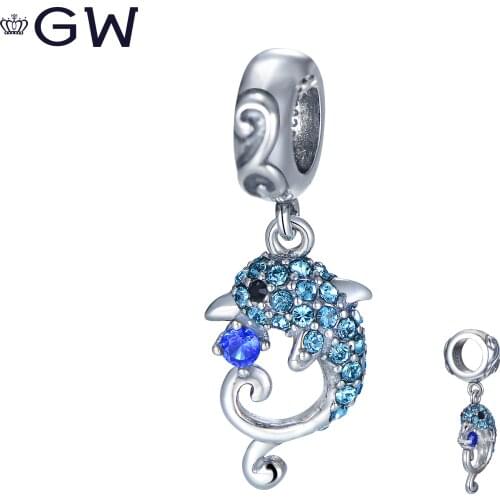 S925 Silver Charms Bead Blue Dolphin Whit Shiny Charm Pendant Fit European Brand Bracelet GW Fine Jewelry S364
