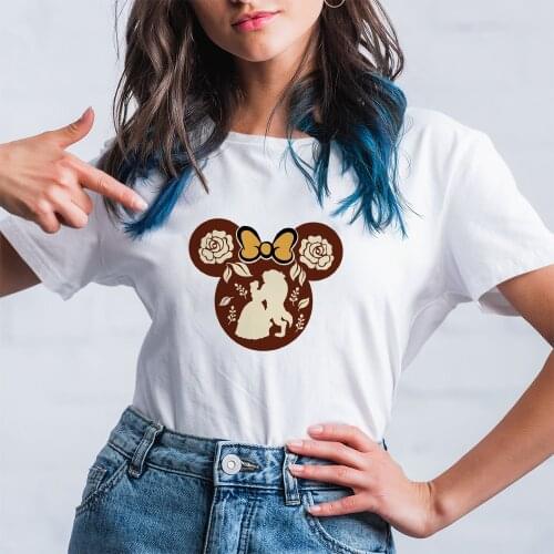 Disney Animated Films Minine Mouse Head Series Beauty And The Beast White Tops Summer Kawaii Printing Pattern Fashion Clothes