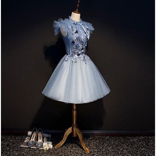Light blue stand collar bowtie ruffled sleeve embroidery tutu short ball gown dress stage performance/fairy short cosplay dress