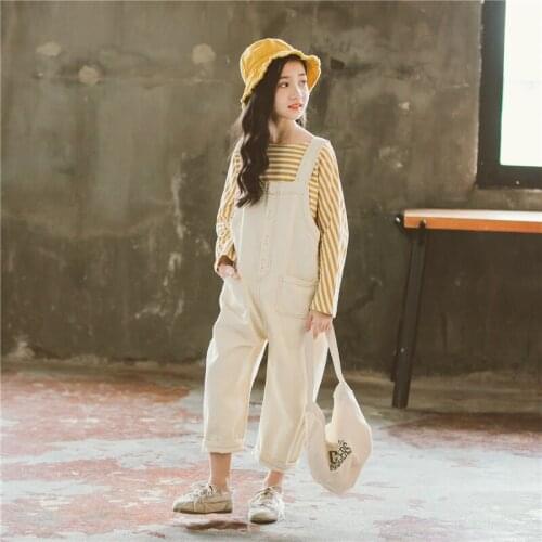 Fashion Teenager Girls Set 4-14 Years Girls Striped Top and Suspender Pants Suit Children Cotton Clothes Back to School Clothes
