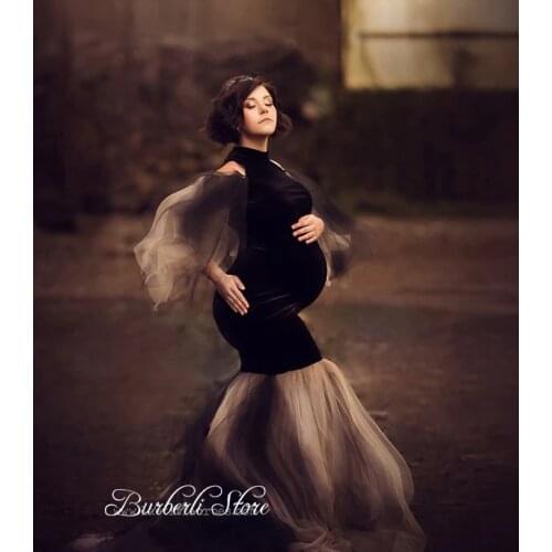 Vintage Colorful Tulle Puffy Long Sleeves Ruffles Mermaid Maternity Dresses Floor Length To Photography Elegant Pregnancy Dress