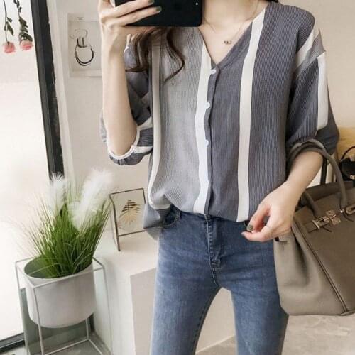 Women Sweet Striped Print Chiffon Blouse Shirts Short Sleeve Striped Fashion V-neck Blouse