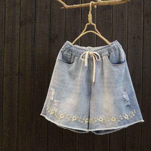 6157 New Summer Women Japan Style Hole Embroidery Denim Shorts Jeans Drawstring Elastic Waist High Waist Straight Short Pants