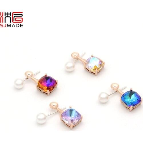 SJMADE Fashion Elegant Square Crystal Stud Earrings For Women Wedding Jewelry 585 Rose Gold Imitation Pearl Stud Earrings