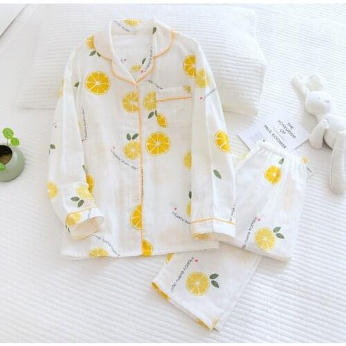 Nuisette Femme Plus Size Spring Womens Suit Cotton Double-layer Gauze Home Pajamas Long-sleeved Trousers Thin Sexy Pyjama