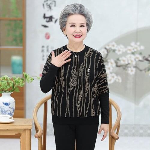 Middle-Aged Elderly Ladies knitted Sweater Pullover Long Sleeve Jumper Bottoming Shirt Spring Autumn Knitted T-Shirt Tops 5XL