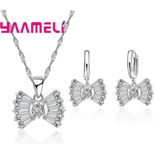 Women Fashion Kpop Style Bow Tie Jewelry Sets 925 Sterling Silver Clear Crystal Necklace Pendant Earrings For Sale