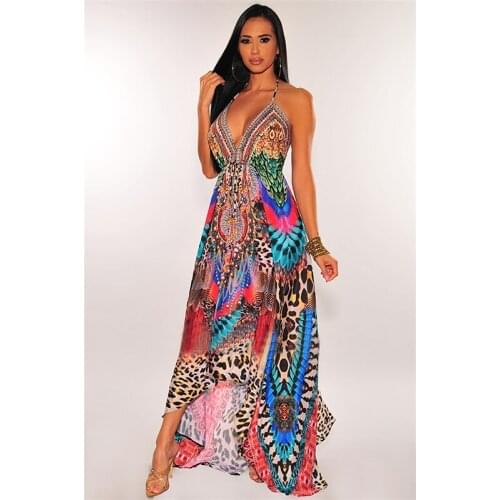 Retro Boho Womens Sexy Long Maxi Dress Sleeveless Halter Loose Pattern Printing Ladies Casual Tight Dress Summer Beach Dress