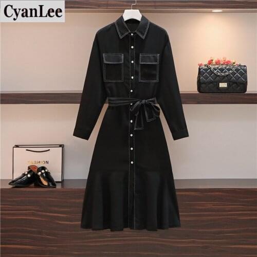 Plus Size Dress Women Black Elegant Mermaid Dress Autumn 2020 Long Sleeve Pockets Loose Casual Ruffle Shirt Long Dresses 4XL