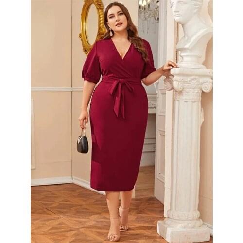 Plus Size Dreses For Women 3XL 2020 Summer V Neck Lantern Sleeve Slim Bodycon Pencil Dress Red Ladies Work Office Dresses