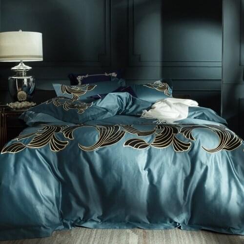 120S blue Egyptian Cotton Embroidery Luxury Royal Bedding Set 4pcs King Queen Wedding Bed Sheet set Duvet cover Pillowcase 6pcs