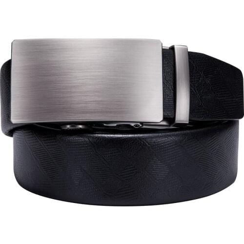 Barry.Wang Men Fashion Belt Gray Square Buckle Belt Black Leather Belt Automatic Slide Buckle Formal Waist Strap for Male Jeans