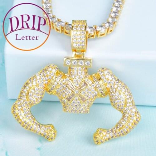 Big Block Flexing Pendant Gold Color Tennis Chain Necklace Bling Cubic Zircon Mens Hip Hop Rock Jewelry