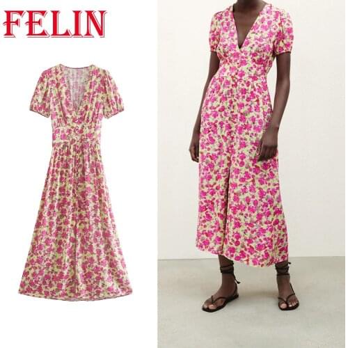 FELIN 2021 Women Za Dress Floral Printed BirthdayShort Sleeve Deep V Maxi Dress Casual Chic Mujer Vintage Vestidos