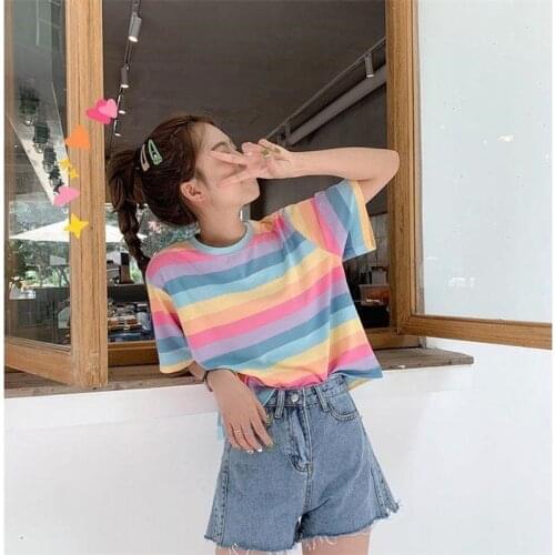 Woman TShirts Summer Rainbow Striped Short-Sleeved T-shirt for Women Loose Crop Top Crop Top Mujer Camisetas