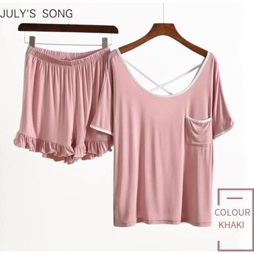 JULYS SONG Women Summer Pajamas Set Sleepwear 2 Pieces Soft Modal Soft Thin Sexy Backless Short Sleeve Simple Casual Homewear