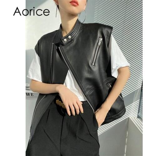 Aorice Women Real SheepSkin Leather Jacket Vest Waistcoat 2021 Brand Spring Female Genuine Leather Jackets Coats CT111