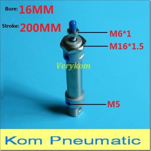 MA 16*200 Single / Double Acting Pneumatic Stainless Air Mini Cylinder 16mm Bore 200mm Stroke 1/8" bsp Buffer Piston MA16X200 -S