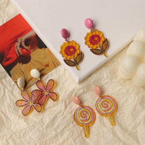 Sweet Cute Sunflower Lollipop Earrings for Women Flower Korean Fashion Acrylic Dating Jewelry 2021 Trend Friends Girls Gift M4