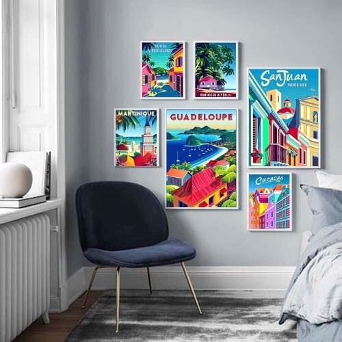 Fashion Retro Travel Poster Caribbean Art City Cartoon Landscape Poster Canvas Painting Prints Wall Art Picture for Living Room