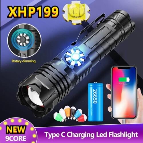XHP199 9Core Powerful LED Flashlight 900000LM USB Rechargeable Stepless Dimming 5Modes Zoom Torch Tactial Flashlight 18650/26650
