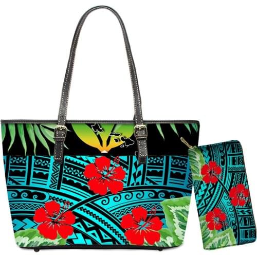 Leather Handbags Set Luxury Design 2pcs Set Women Shloulder Bag Purse Polynesian Plumeria Floral Print Elegant Lady Totes Bolsas