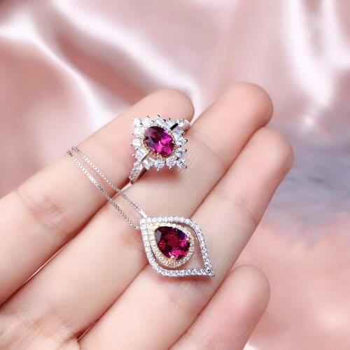 Natural real red garnet luxury style jewelry set 1pc ring 1pc pendant gemstone 925 sterling silver