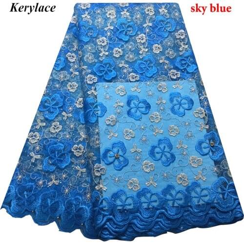 Sky Blue High Quality Nigerian Swiss Voile Lace In Switzerland For African Cotton Lace Net Tulle Fabric For Sewing KRL-25316