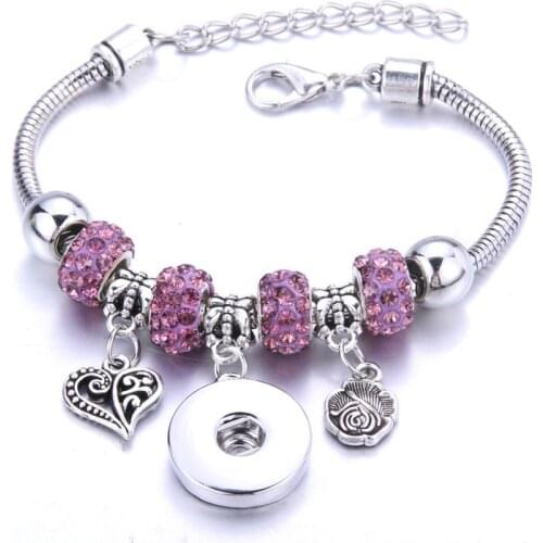 New Snap Bracelet Lobster Buckle Snake Chain Bangles Crystal Beaded Bracelet Fit 18MM Snap Jewelry Women 5616