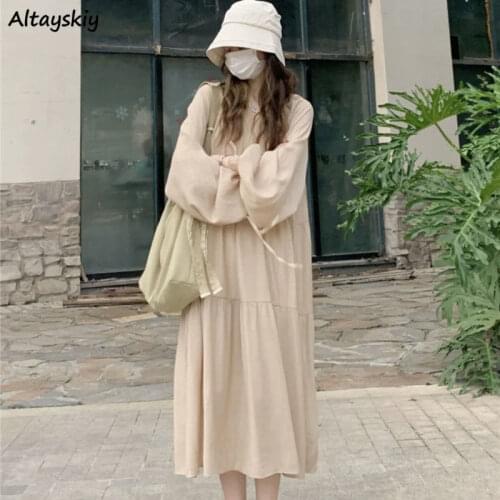 Solid Dress Women Simple Girls Lovely French Style Mid-calf All-match Basic Vacation Female Elegant Romantic Stylish Ins Vestido