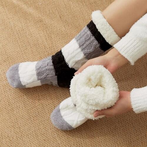 Autumn Winter Thick Cashmere Women Bubble Socks Men Striped Candy Color Non-slip Home Floor Socks Foot Warmer Sock Slippers