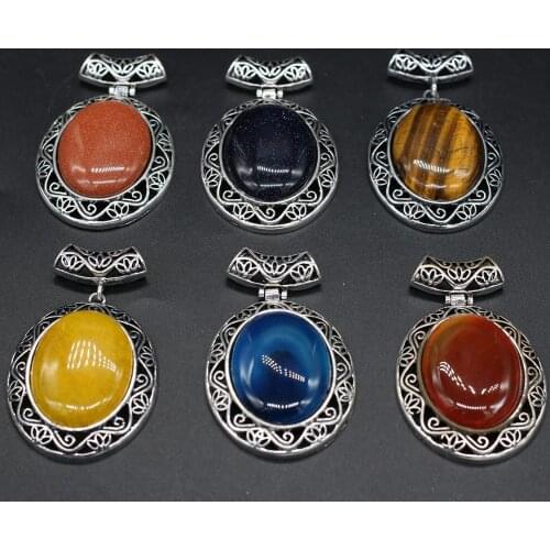 Natural Stone Bohemia Style Pendant Elliptical Striped Agates Lapis Lazuli Charms for Women DIY Jewelry Making Necklace 47x70mm