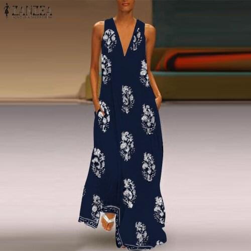2021 ZANZEA Women Maxi Long Dress Summer Leaf Printed Sundress Female Sexy V Neck Sleeveless Beach Vestido Casual Dress 5XL