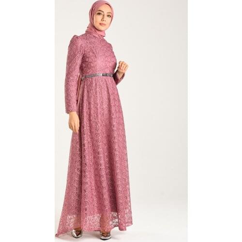 Minahill Belted Silvery Evening Dress 3513-03 Dry Rose 3513-03