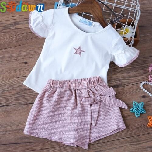 Sodawn Sodawn Girls Clothing Sets 2021 Summer Kids Clothes Printed Short Sleeve Top and Culottes 2PCS Set Children Clothing