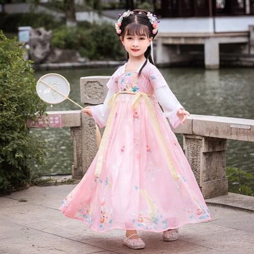 Ancient Chinese Girls Pink Print Costume Fairy Folk Dance Performance Traditional Cosply Hanfu