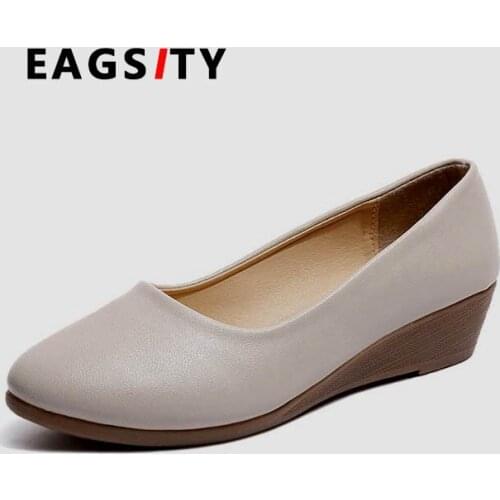 EAGSITY comfortable women wedges shoes fashion ladies dress heel shoes party dancing beige black work office career
