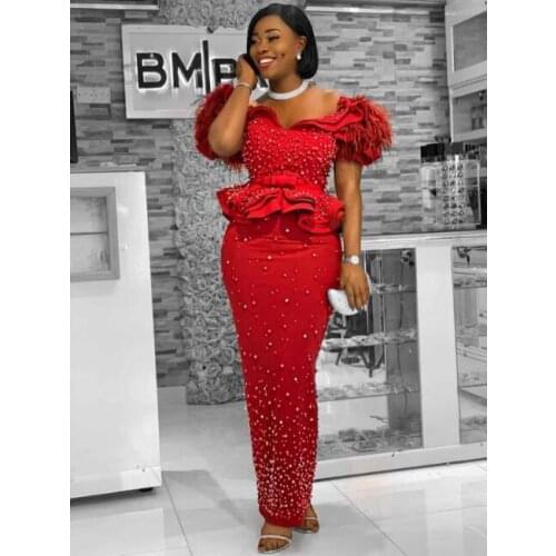 Red Aso Ebi South African Evening Dresses Sheath Off The Shoulder Pearls Nigeria Dubai Saudi Arabic Evening Gown Prom Dress