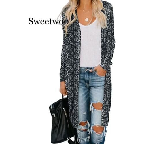 SWEETWOO Women Boho Casual Shirt Loose Open Stitch Long Sleeve Cardigan Leopard Print Plus Size Blouse Summer Autumn Ladies Holi