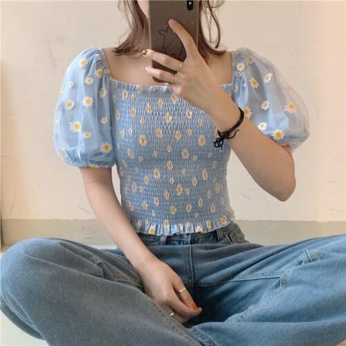 Summer Floral Chiffon Shirt Womens Mesh Splicing Off Shoulder Crop Top 2021 New Short Puff Sleeve Ruched Blouse