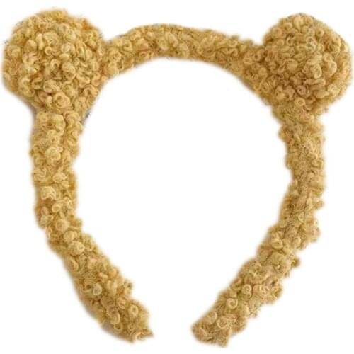 Women Girls Winter Cute Bear Ears Headband Solid Color Curly Faux Fleece Pompom Hair Hoop Wash Face Makeup Bathroom Bandana Part