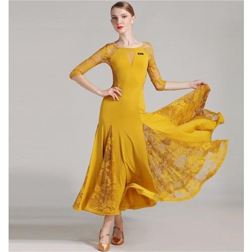 Lady Ballroom Dancing Dress Women Modern Waltz Tango Standard Costumes Female Dance Practice Lace Dress Half Sleeve Oneck D-0329