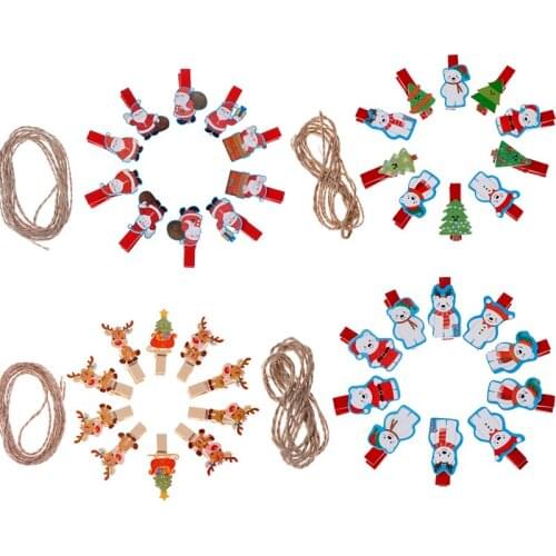 10pcs/lot Kawaii Santa Claus Deer Wooden Clip Photo Clothespin Craft Clips Christmas Decor Party Decoration Clip With Hemp Rope