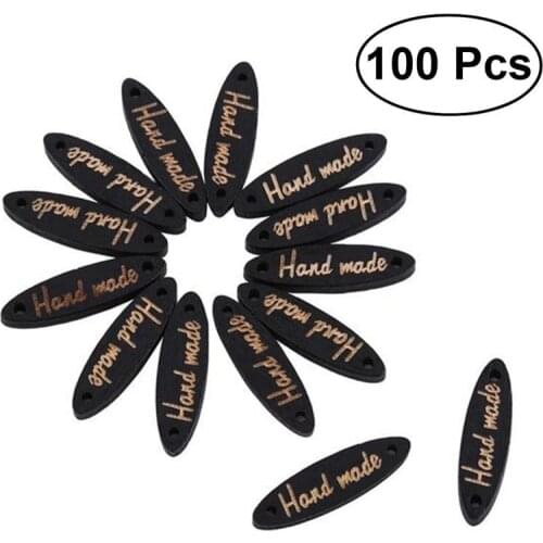 100pcs Handmade Wood Buttons Name Plates Wooden Labels Tags 2 Holes Sewing Crafts Accessories with Hand Made Lettering