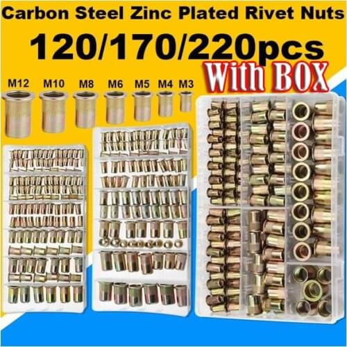 120/170/220Pcs Metric M3+M4+M5+M6+M8+M10+M12 Carbon Steel Zinc Plated Rivet Nuts Flat Head Riveting Tool home improvement